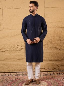 ETHNIC BAY - Viscose Rayon Embroidered Straight Blue Kurta