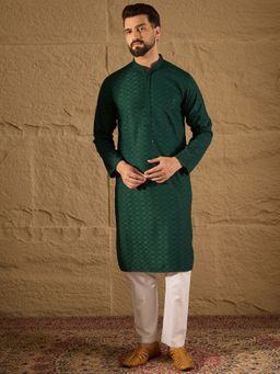 ETHNIC BAY - Viscose Rayon Embroidered Straight Green Kurta