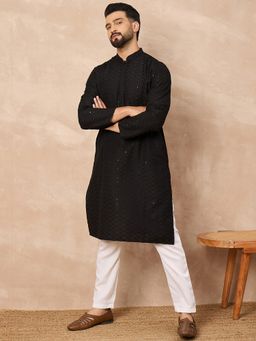 ETHNIC BAY - Viscose Rayon Embroidered Straight Black Kurta