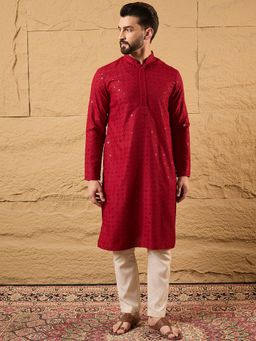ETHNIC BAY - Rayon Blend Embroidered Straight Maroon Kurta