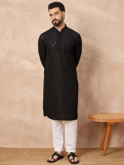 ETHNIC BAY - Viscose Rayon Embroidered Straight Black Kurta