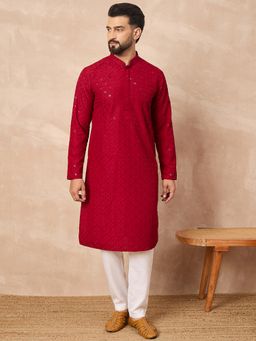 ETHNIC BAY - Viscose Rayon Embroidered Straight Maroon Kurta