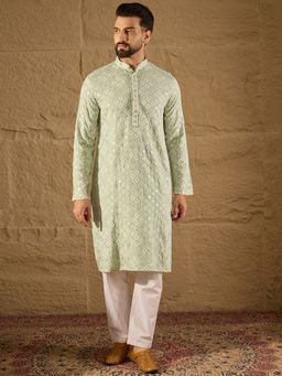 ETHNIC BAY - Viscose Rayon Embroidered Straight Green Kurta