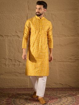 ETHNIC BAY - Silk Geometric Printed Straight Yellow Kurta