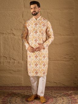 ETHNIC BAY - Silk Blend Geometric Printed Straight White Kurta