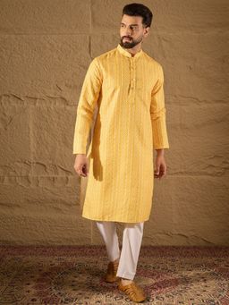 ETHNIC BAY - Silk Blend Geometric Embroidered Straight Yellow Kurta