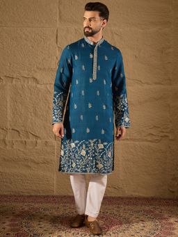 ETHNIC BAY - Viscose Embroidered Straight Blue Kurta