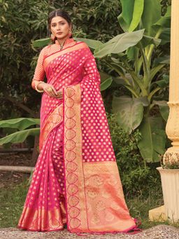 EXCLUSIVA - Pink Organza Saree with Unstitched Blouse