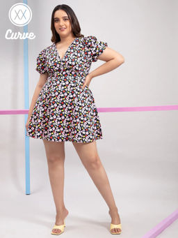 Twenty Dresses by Nykaa Fashion - Curve Multi Color Printed V Neck Mini Dress