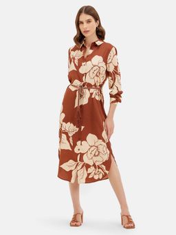 Kazo - Women Brown Crepe Collar Neck Dress with Belt