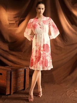 Kazo - Women Pink Chiffon Mandarin Neck Dress with Belt