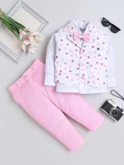 FOURFOLDS - Pink Printed Shirt with Waistcoat and Trouser, Bow