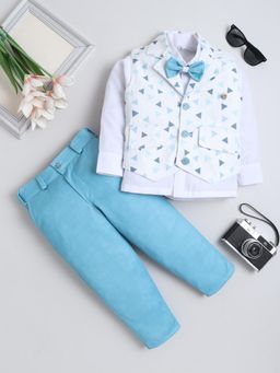FOURFOLDS - Blue Printed Shirt with Waistcoat and Trouser, Bow