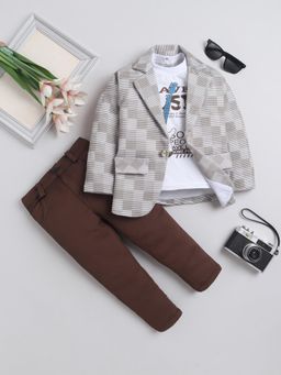 FOURFOLDS - Beige Printed T-Shirt with Blazer and Trouser