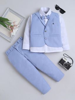 FOURFOLDS - Blue Solid Shirt with Waistcoat and Trouser, Bow