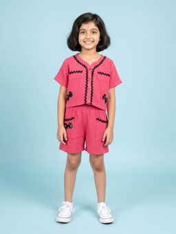 KiddoPanti - Pink Self Design Co-Ord Set