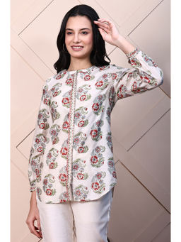 Folksong - Women White Block Printed Cotton Silk Short Kurti