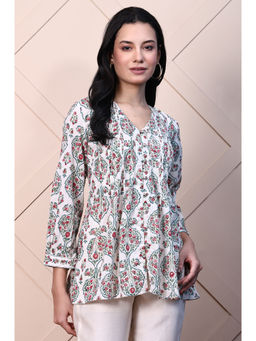 Folksong - Women White Block Printed Pure Cotton A-line Fusion Short Kurti