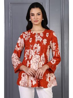 W - Red Floral Printed A-line Short Kurti