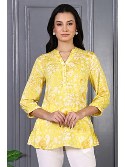 W - Yellow Floral Printed Modal Straight Short Kurti