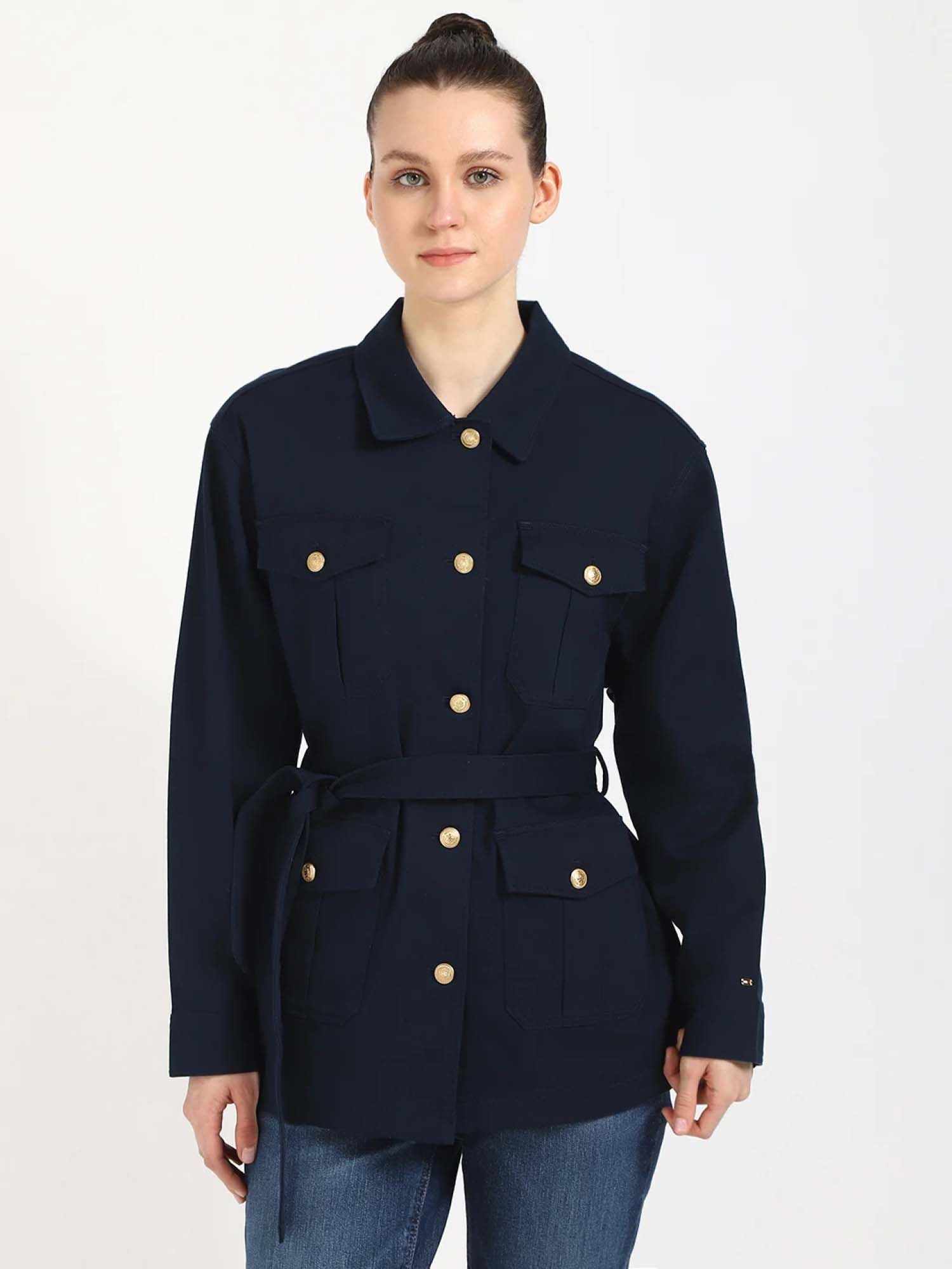 tommy hilfiger Solid Regular Fit Cotton Jacket with Belt - Navy Blue-picture-19