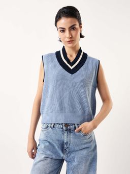 Hubberholme - Women Colourblocked Regular Fit V-Neck Sweater - Blue