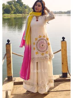 Label S4U - Off-White Phoolkari Motif-Sharara with Kurta and Dupatta