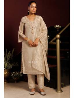 Label S4U - Beige Tissue Tinsel Handwork Kurta with Pant and Dupatta