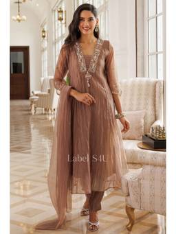 Label S4U - Brown Ziva Embellished Tissue Anarkali Set