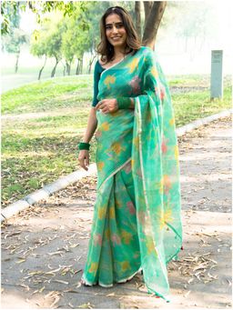 Ambar Taara - Sahej-Tissue Silk Green Saree with Unstitched Blouse