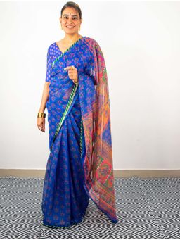 Ambar Taara - Blue Printed Organza Saree with Unstitched Blouse