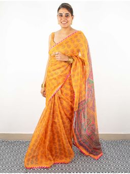 Ambar Taara - Yellow Printed Organza Saree with Unstitched Blouse