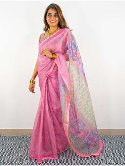 Ambar Taara - Baby Pink Printed Organza Saree with Unstitched Blouse
