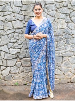 Ambar Taara - Blue Floral Georgette Saree with Unstitched Blouse