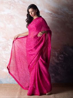 Vama Asher - Cerise Pink Pomegranate Organza Saree with Unstitched Blouse