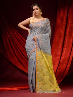 CHARUKRITI - Cloud Grey Cotton Handspun Woven Buttas and Foliage Borders Saree with Unstitched Blouse