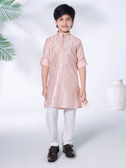 Mini Stitch - Peach Foil Stripes Woven Kurta with Contrast Pyjama (Set of 2)