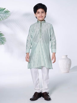 Mini Stitch - Sea Green Foil Stripes Woven Kurta with Contrast Pyjama (Set of 2)