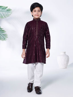 Mini Stitch - Wine Foil Stripes Woven Kurta with Contrast Pyjama (Set of 2)