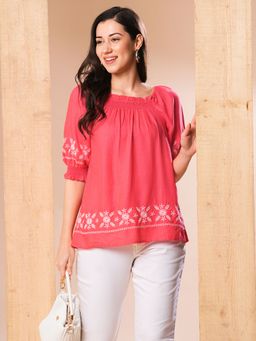Globus - Women Coral Smocked Square Neck Puff Sleeves Embroidered Tunic