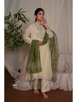 PANTS AND PAJAMAS - Sege Green Chikan Embroidered Kurta (Set of 3)