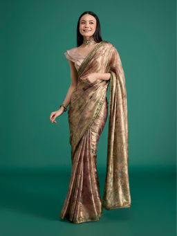 Gajra Gang - Diwalicious Olive Gold Printed Saree with Unstitched Blouse