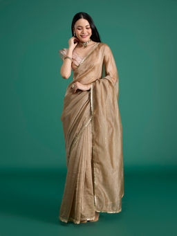 Gajra Gang - Diwalicious Brown Crushed Embellished Tissue Saree & Unstitched Blouse