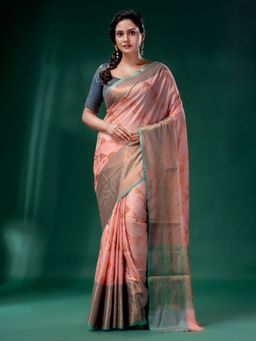 CHARUKRITI - Pink Cotton Silk Saree with Woven Design with Unstitched Blouse