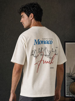 Nobero - Men Premium Oversized Cotton Puff Print T-shirt - Beige