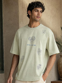 Nobero - Men Oversized Printed T-shirt - Green