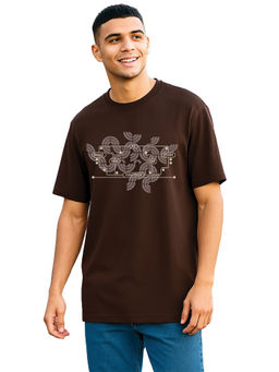 Nobero - Men 100% Cotton Printed T-shirt - Brown