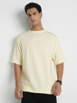 Nobero - Men Textured Half Sleeves T-shirt - Beige
