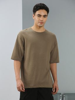 Nobero - Men Textured Half Sleeves T-shirt - Brown
