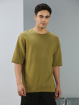 Nobero - Men Textured Half Sleeves T-shirt - Olive